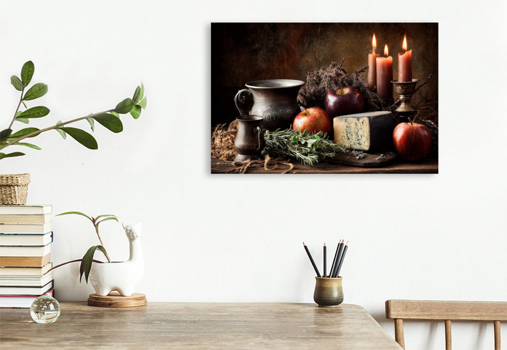 Premium Textil-Leinwand Ofenwärme & dunkler Wein, herbstliche Fülle im Kerzenschein