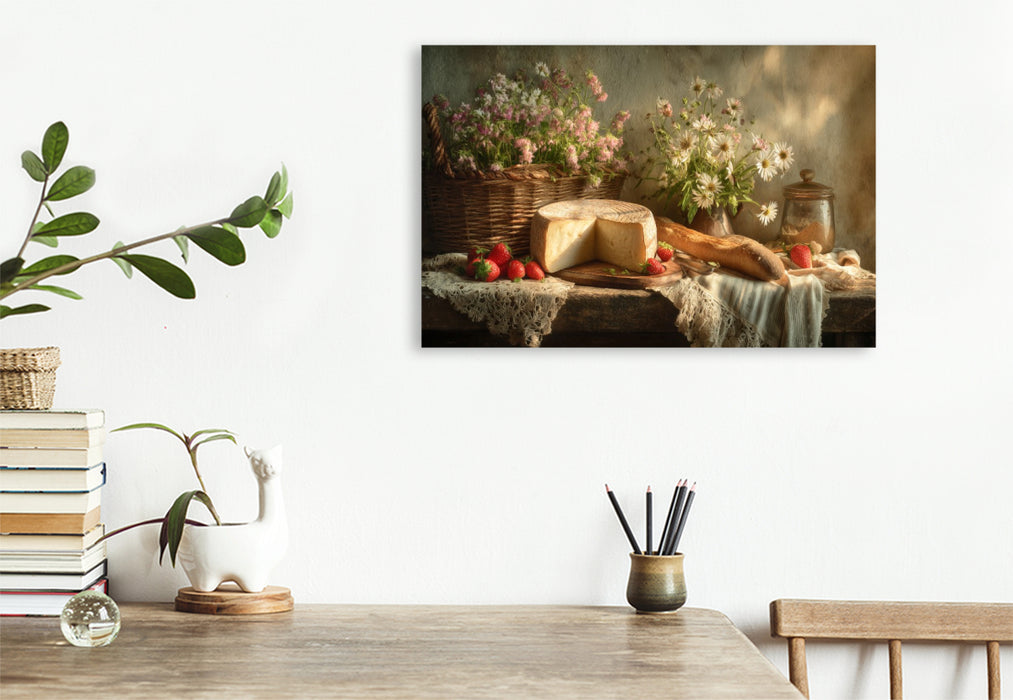 Premium Textil-Leinwand Maiwiesen und Kräuterbrot, Frühling schmeckt nach Hoffnung