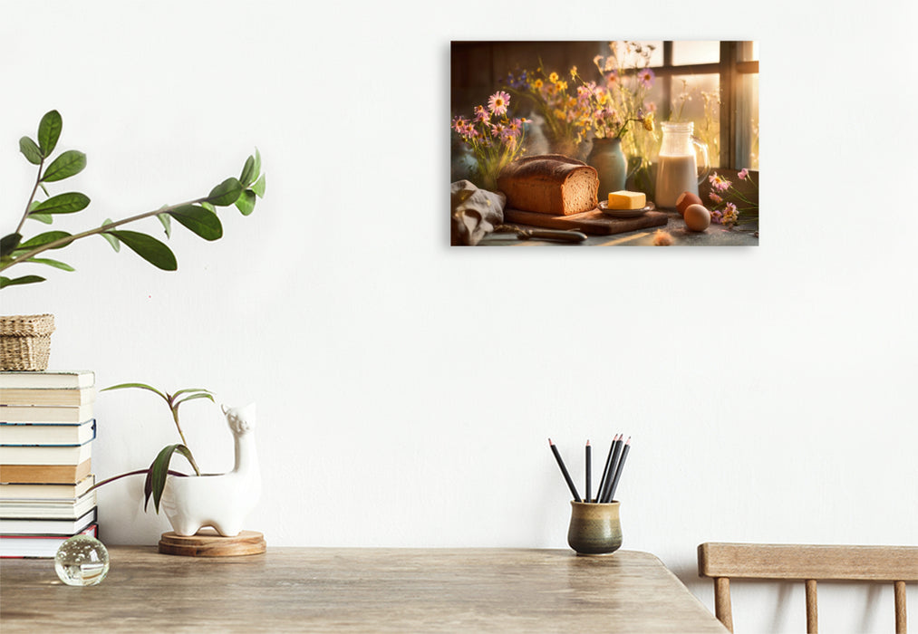 Premium Textil-Leinwand Sonne in der Küche, BrotBrot auf dem Tisch, das Leben knuspert jetzt