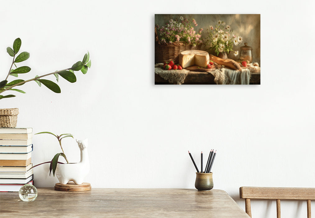 Premium Textil-Leinwand Maiwiesen und Kräuterbrot, Frühling schmeckt nach Hoffnung