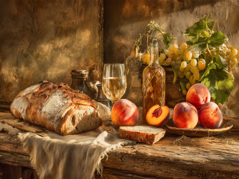 Sommerküche auf Holztisch, duftendes Brot, Früchte und ein Glas im Abendlicht - CALVENDO Foto-Puzzle'