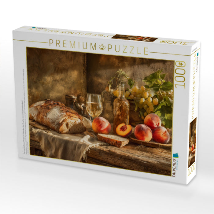 Sommerküche auf Holztisch, duftendes Brot, Früchte und ein Glas im Abendlicht - CALVENDO Foto-Puzzle'
