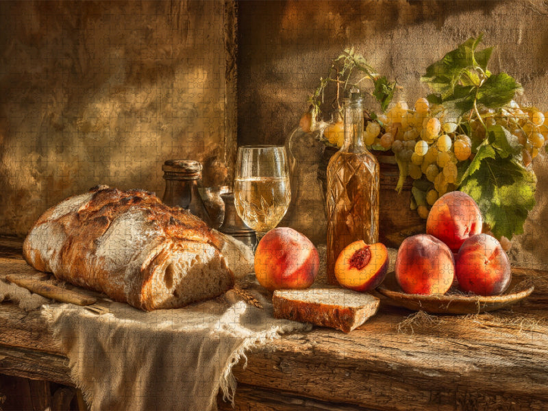 Sommerküche auf Holztisch, duftendes Brot, Früchte und ein Glas im Abendlicht - CALVENDO Foto-Puzzle'