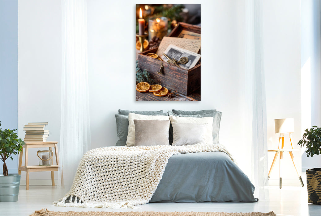 Premium Textil-Leinwand In jedem Funken Kerzenlicht liegt ein Wunder und im Duft alter Briefe ein Hauch von Weihnachten