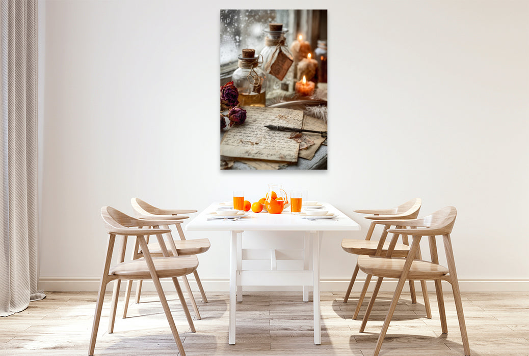 Premium Textil-Leinwand Frost vor dem Fenster, Wärme im Herzen und ein neues Jahr beginnt leise