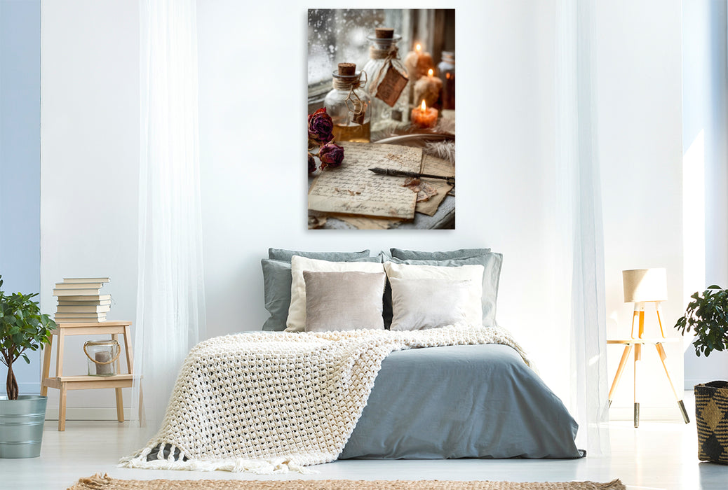 Premium Textil-Leinwand Frost vor dem Fenster, Wärme im Herzen und ein neues Jahr beginnt leise