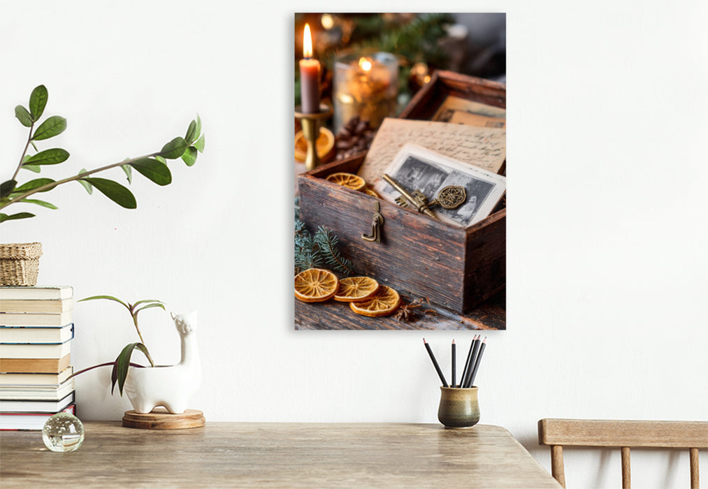 Premium Textil-Leinwand In jedem Funken Kerzenlicht liegt ein Wunder und im Duft alter Briefe ein Hauch von Weihnachten