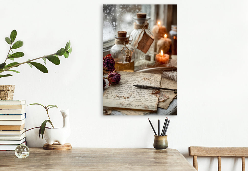 Premium Textil-Leinwand Frost vor dem Fenster, Wärme im Herzen und ein neues Jahr beginnt leise