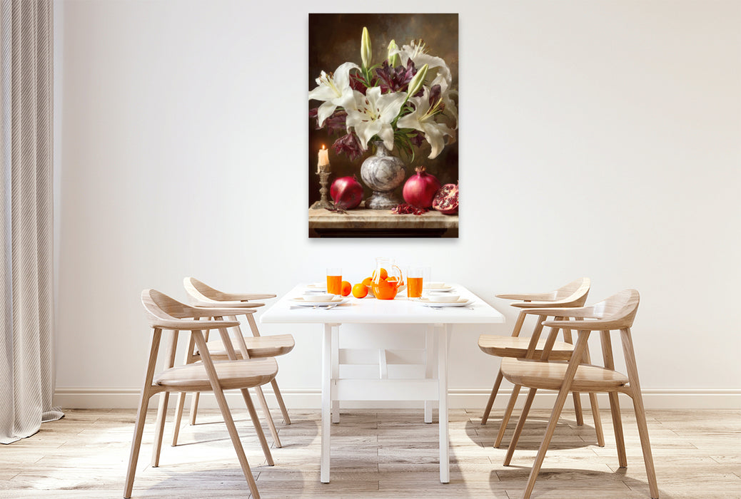 Premium Textil-Leinwand Wenn Blüten erwachen, erzählt die Zeit von ihren Wundern