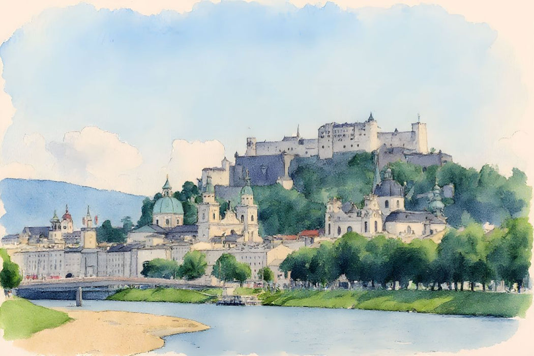 Premium Textil-Leinwand Blick auf Burg Hohensalzburg und Salzburg