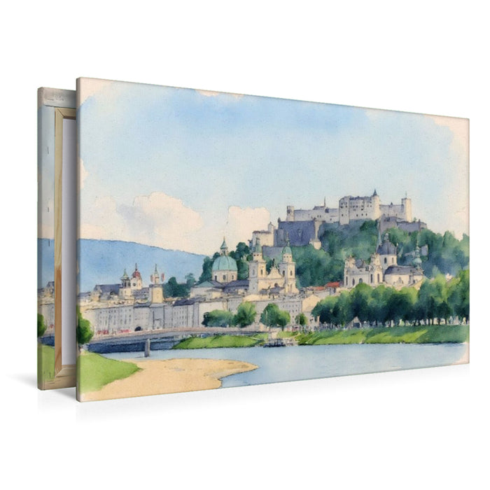 Premium Textil-Leinwand Blick auf Burg Hohensalzburg und Salzburg