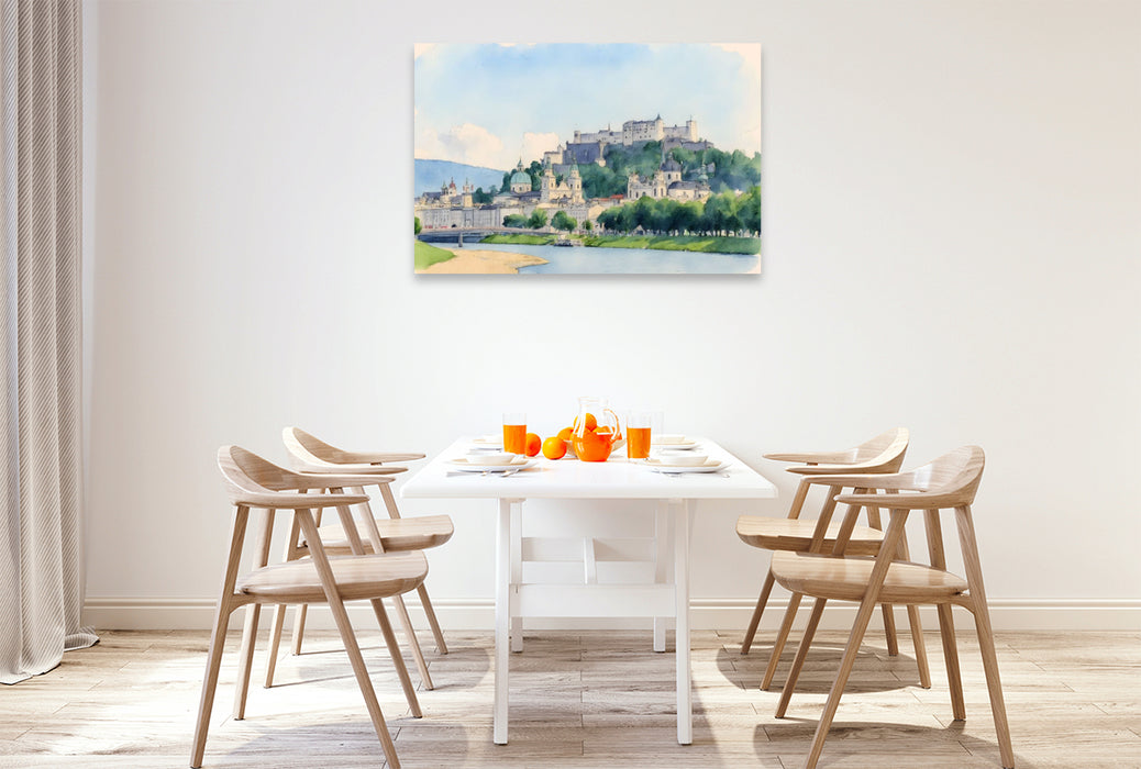 Premium Textil-Leinwand Blick auf Burg Hohensalzburg und Salzburg
