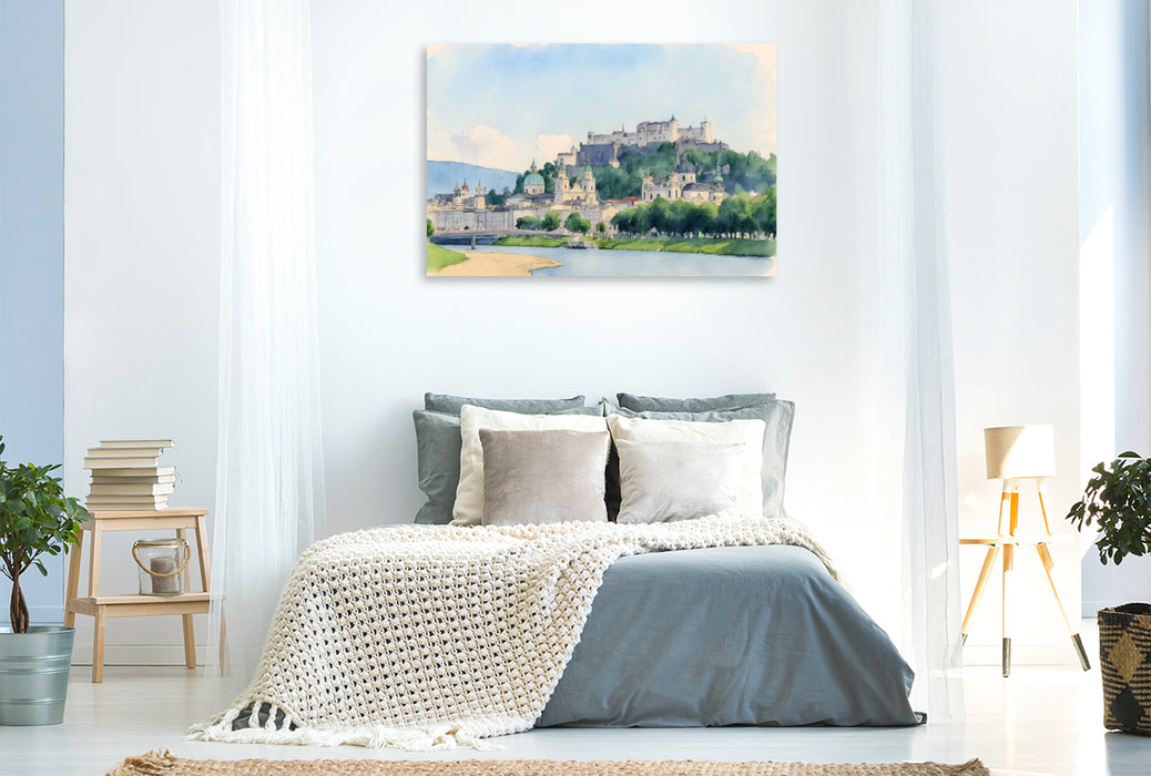 Premium Textil-Leinwand Blick auf Burg Hohensalzburg und Salzburg
