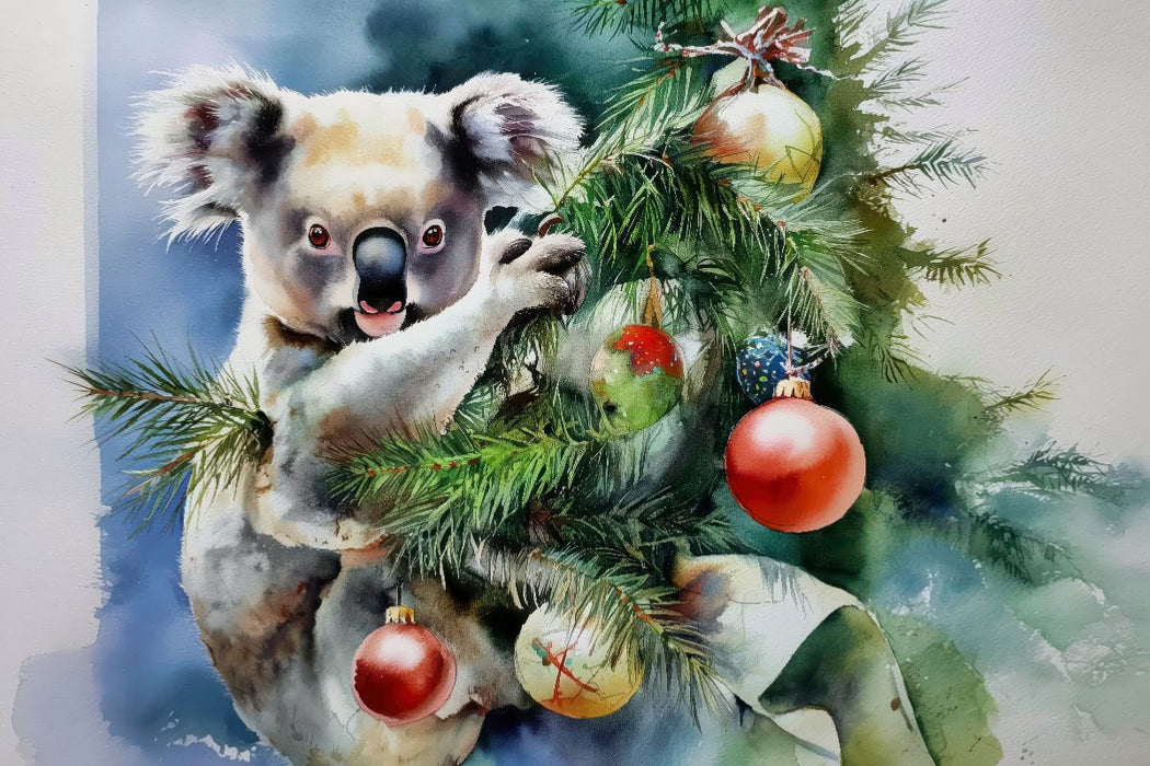 Premium Textil-Leinwand Koala im Weihnachtsbaum