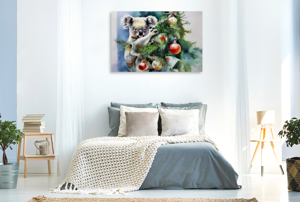 Premium Textil-Leinwand Koala im Weihnachtsbaum