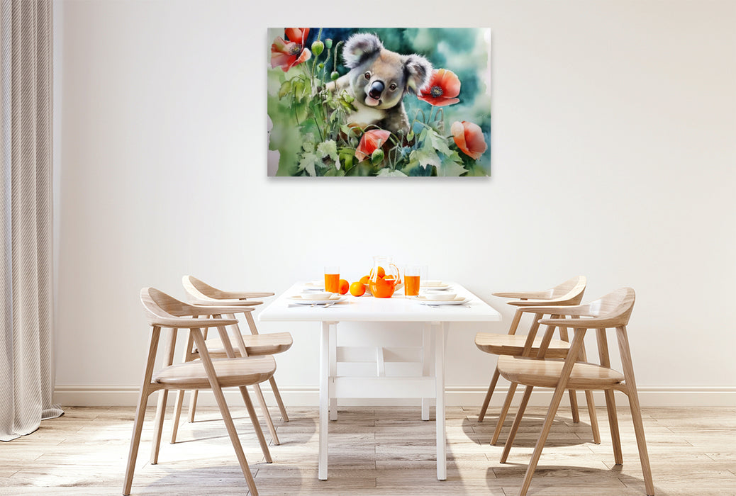 Premium Textil-Leinwand Koala mit Klatschmohn
