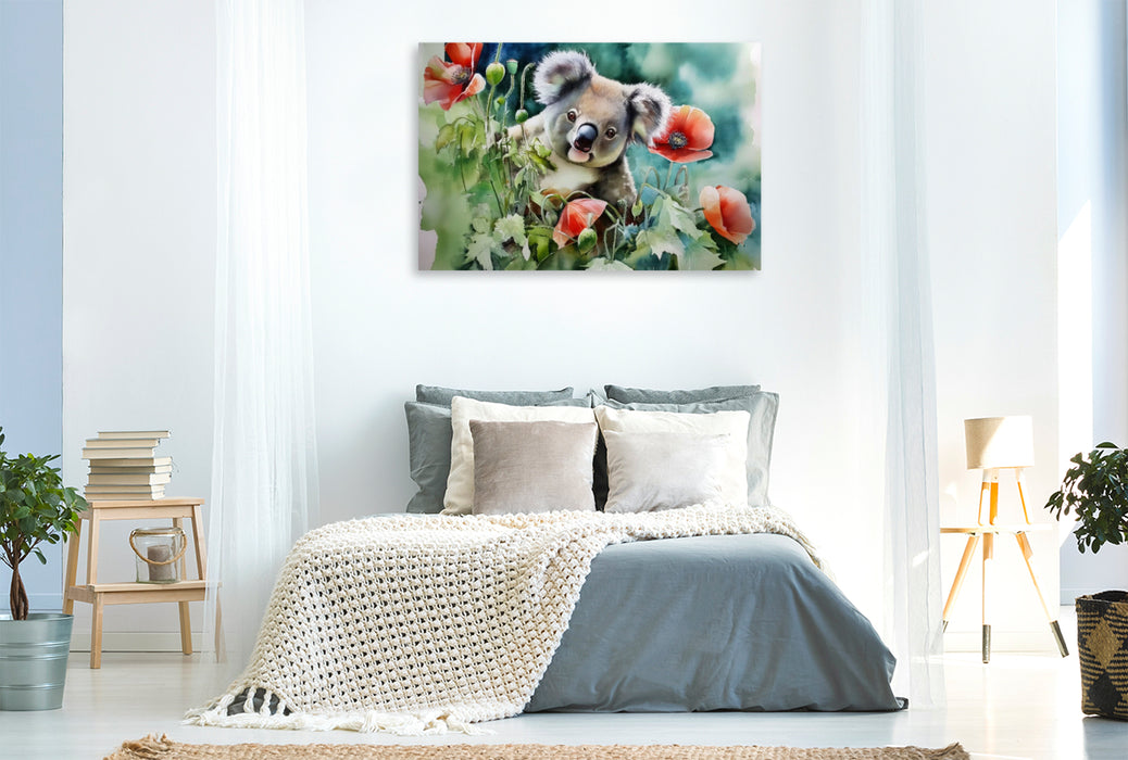 Premium Textil-Leinwand Koala mit Klatschmohn