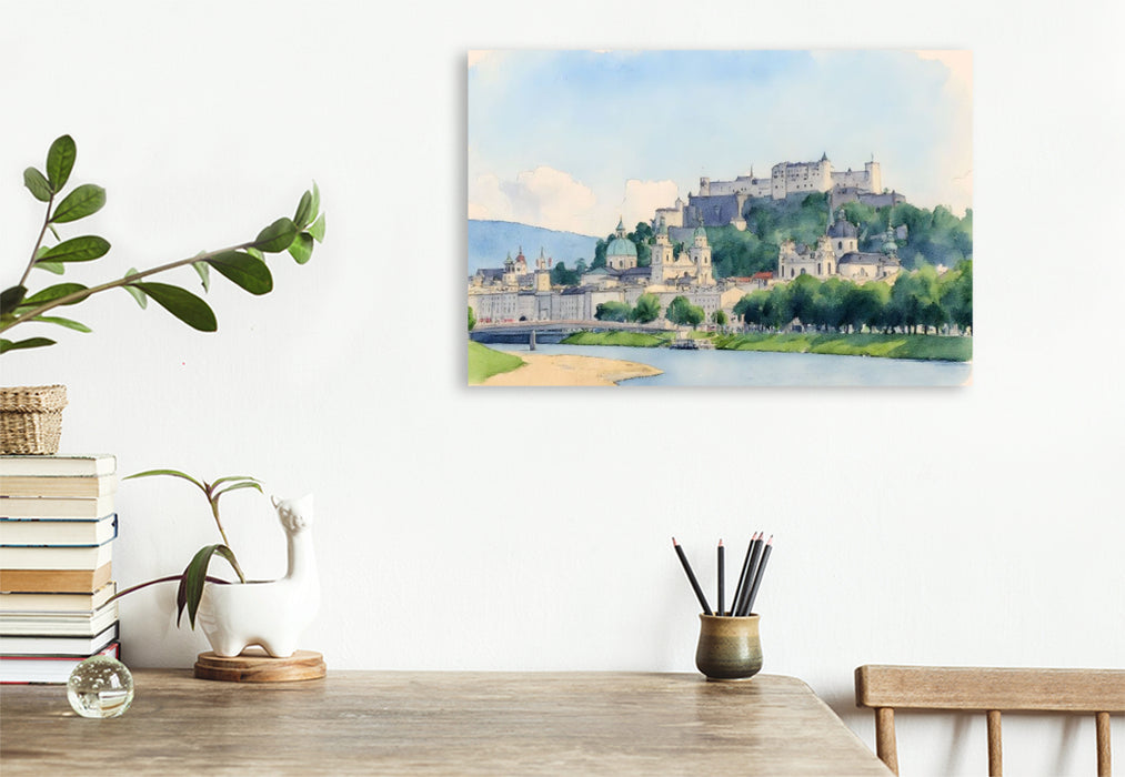 Premium Textil-Leinwand Blick auf Burg Hohensalzburg und Salzburg