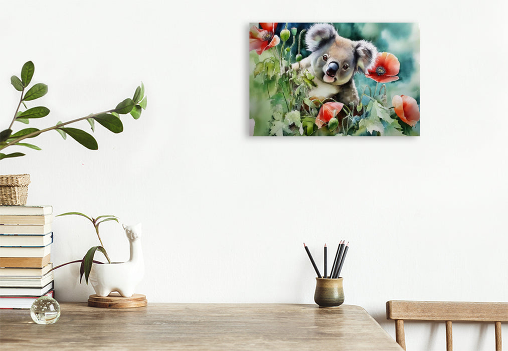 Premium Textil-Leinwand Koala mit Klatschmohn