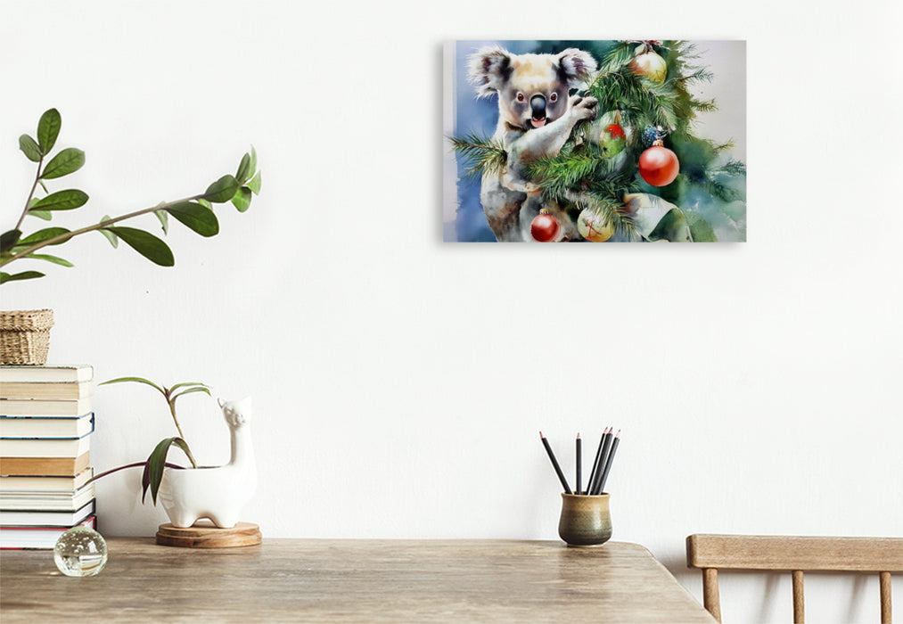 Premium Textil-Leinwand Koala im Weihnachtsbaum