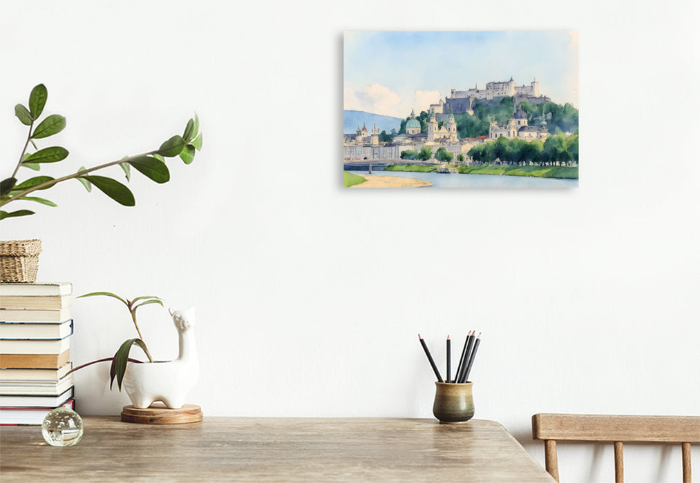 Premium Textil-Leinwand Blick auf Burg Hohensalzburg und Salzburg