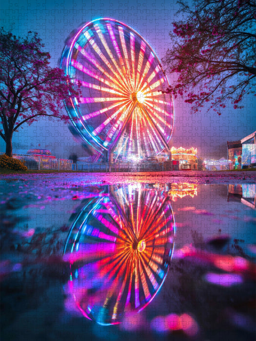 Pfützen spiegeln Träume, während die Stadt in Farbe explodiert - CALVENDO Foto-Puzzle'