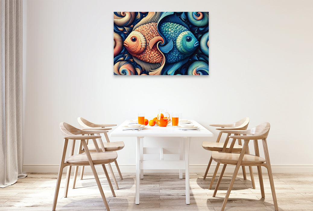 Premium Textil-Leinwand Sternzeichen Fische im Spiralfluss