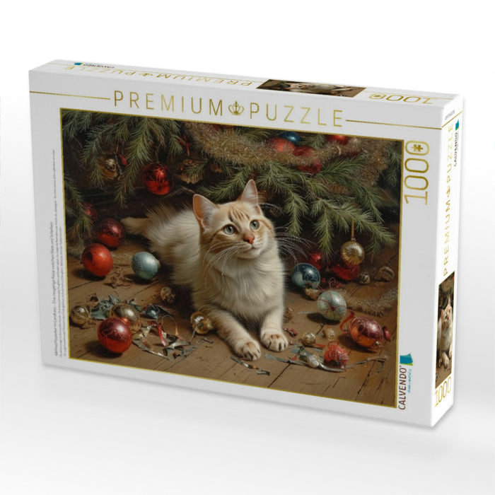 Weihnachtszauber im Landhaus – Eine neugierige Katze zwischen Glanz und Scherben - CALVENDO Foto-Puzzle'