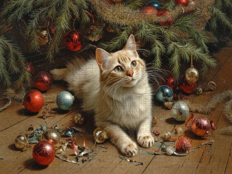 Weihnachtszauber im Landhaus – Eine neugierige Katze zwischen Glanz und Scherben - CALVENDO Foto-Puzzle'