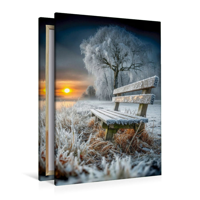 Premium Textil-Leinwand Eine Holzbank am Wegesrand