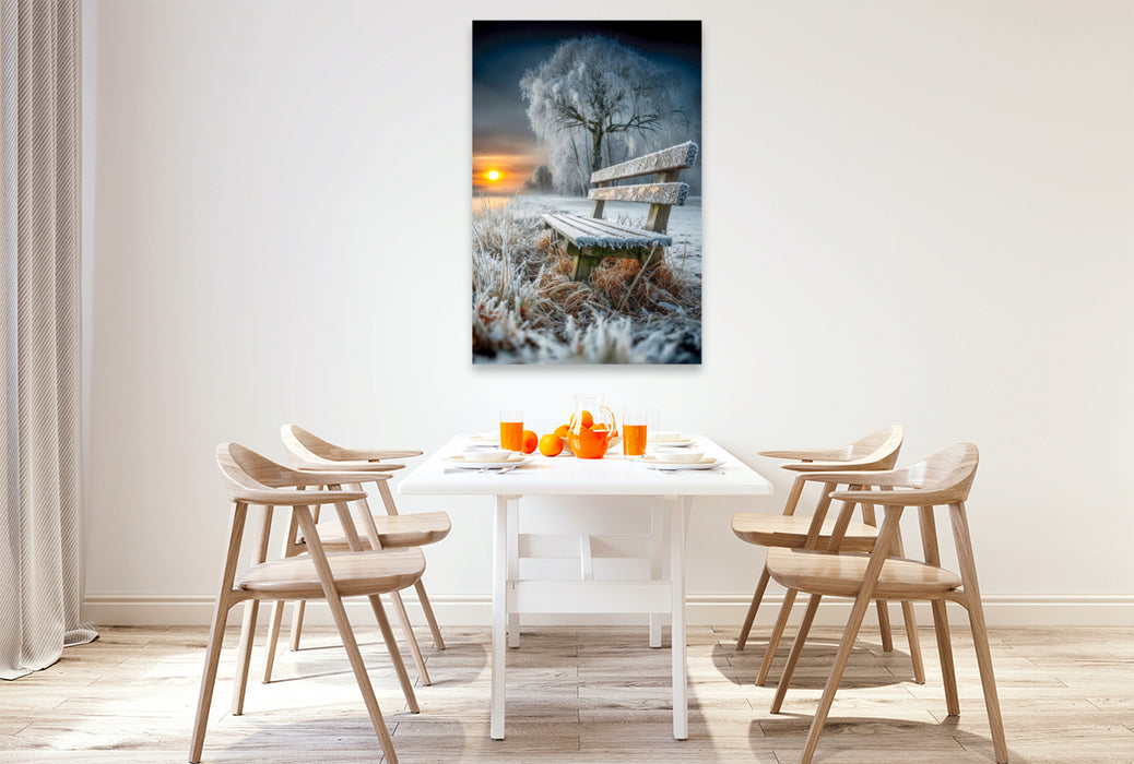 Premium Textil-Leinwand Eine Holzbank am Wegesrand