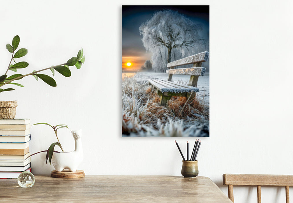 Premium Textil-Leinwand Eine Holzbank am Wegesrand