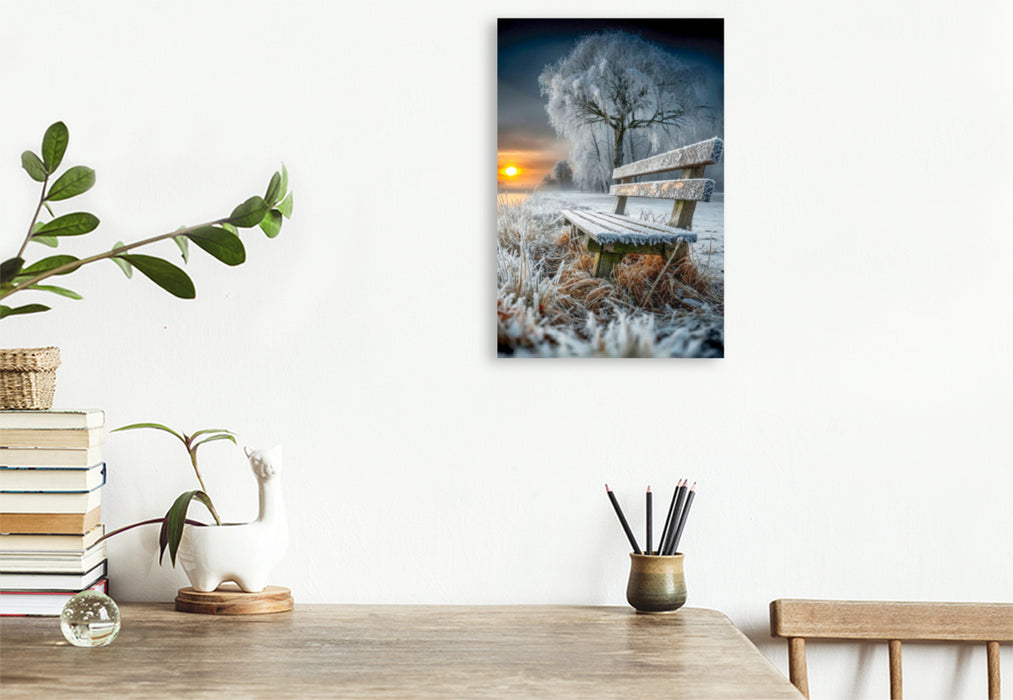 Premium Textil-Leinwand Eine Holzbank am Wegesrand