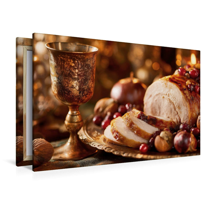 Premium Textil-Leinwand Ein gedeckter Tisch voller Dankbarkeit und Herbstgold