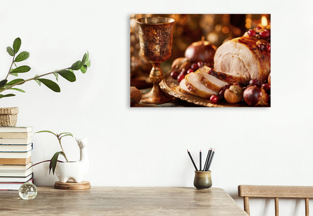 Premium Textil-Leinwand Ein gedeckter Tisch voller Dankbarkeit und Herbstgold