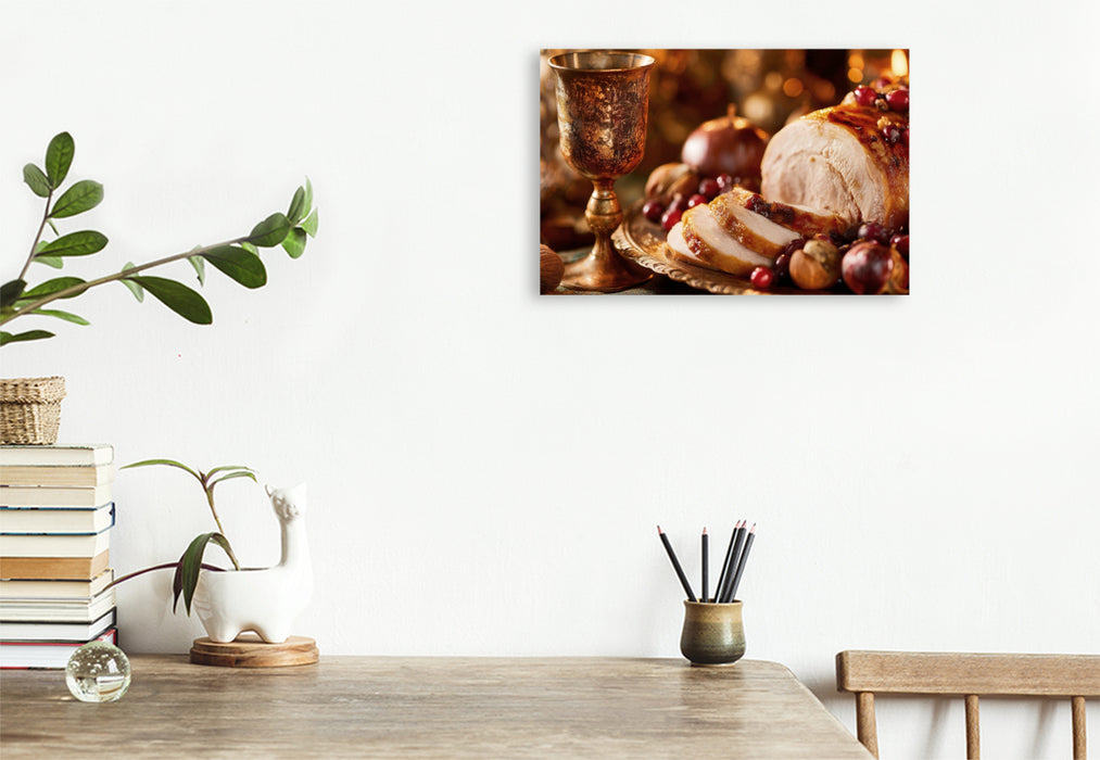 Premium Textil-Leinwand Ein gedeckter Tisch voller Dankbarkeit und Herbstgold