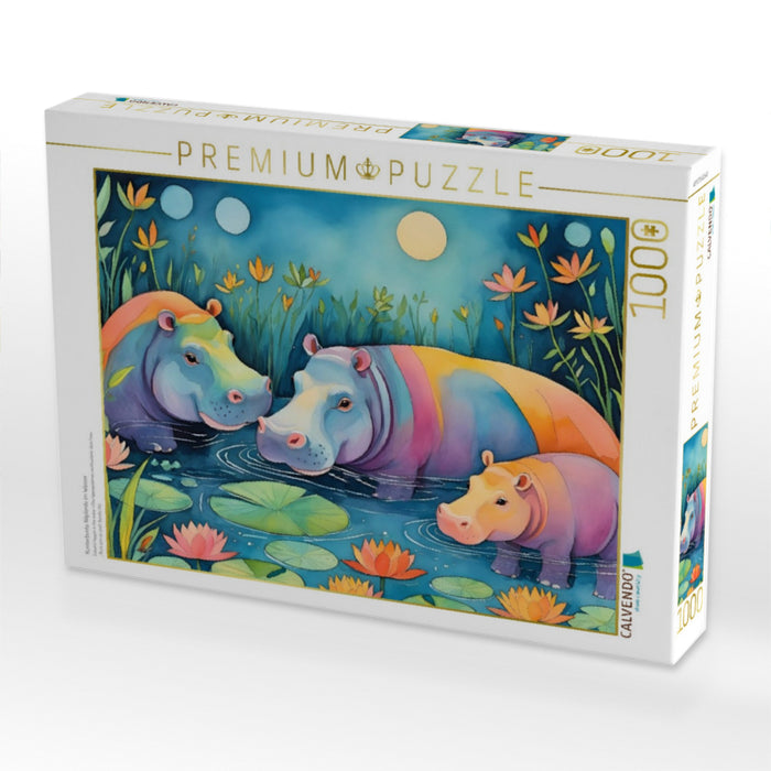 Kunterbunte Nilpferde im Wasser - CALVENDO Foto-Puzzle'