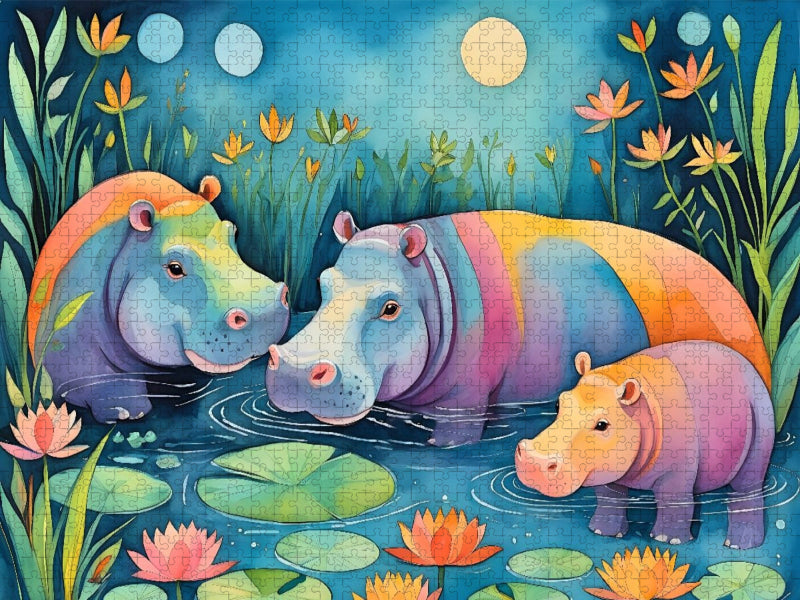 Kunterbunte Nilpferde im Wasser - CALVENDO Foto-Puzzle'