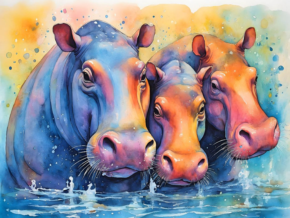 Planschende, bunte Nilpferde - CALVENDO Foto-Puzzle'