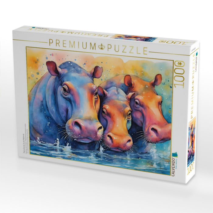 Planschende, bunte Nilpferde - CALVENDO Foto-Puzzle'