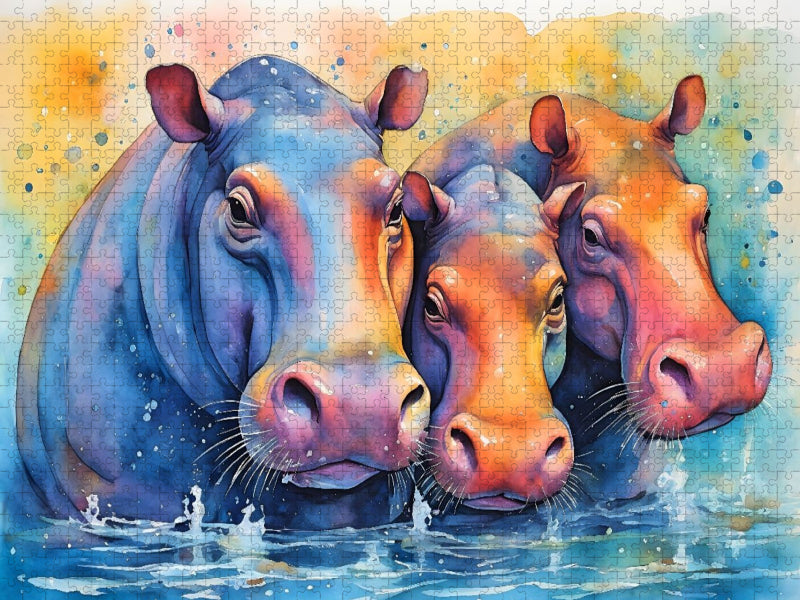 Planschende, bunte Nilpferde - CALVENDO Foto-Puzzle'