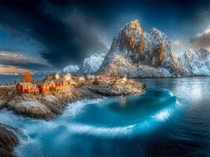 Blick auf die Rorbuer, traditionelle rote Fischerhäuser - CALVENDO Foto-Puzzle'