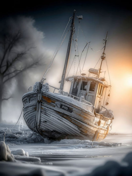 Das Fischerboot beugt sich dem Winter und der frostigen Küste - CALVENDO Foto-Puzzle'