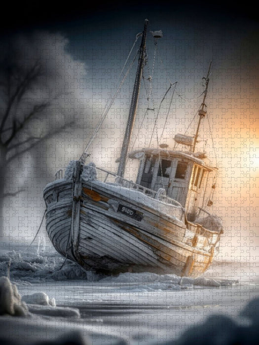 Das Fischerboot beugt sich dem Winter und der frostigen Küste - CALVENDO Foto-Puzzle'