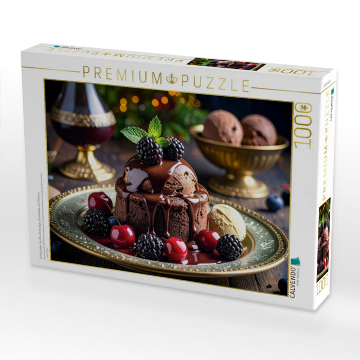 Schokoladen Souffle mit flüssiger Schokolade und Früchten - CALVENDO Foto-Puzzle'