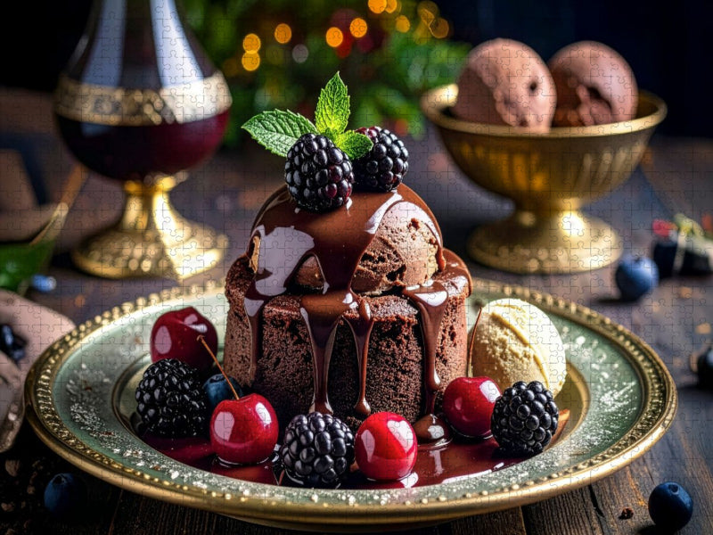 Schokoladen Souffle mit flüssiger Schokolade und Früchten - CALVENDO Foto-Puzzle'