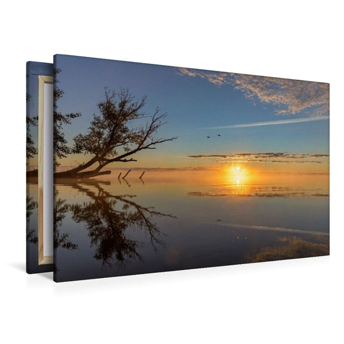Premium Textil-Leinwand Nebeliger Morgen über der Müritz