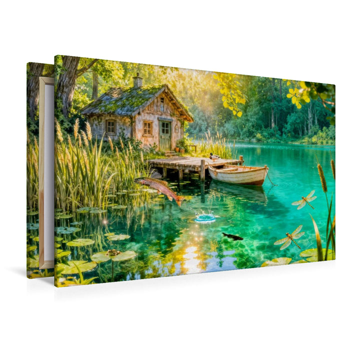 Premium Textil-Leinwand Cottage Fischerhütte am Weiher mit springenden Forellen
