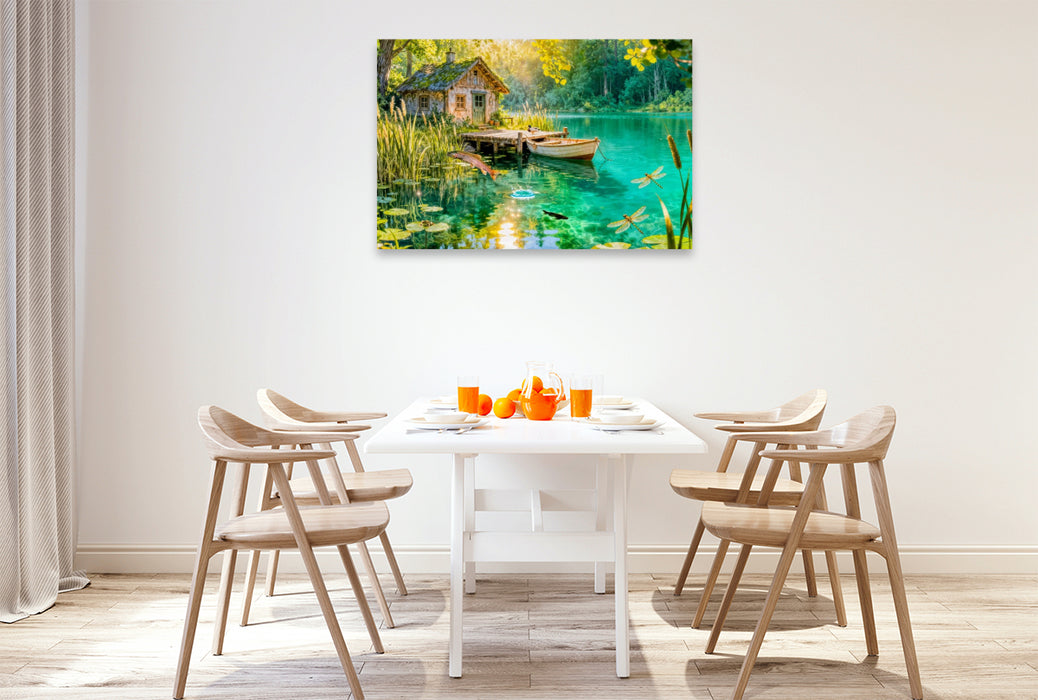Premium Textil-Leinwand Cottage Fischerhütte am Weiher mit springenden Forellen