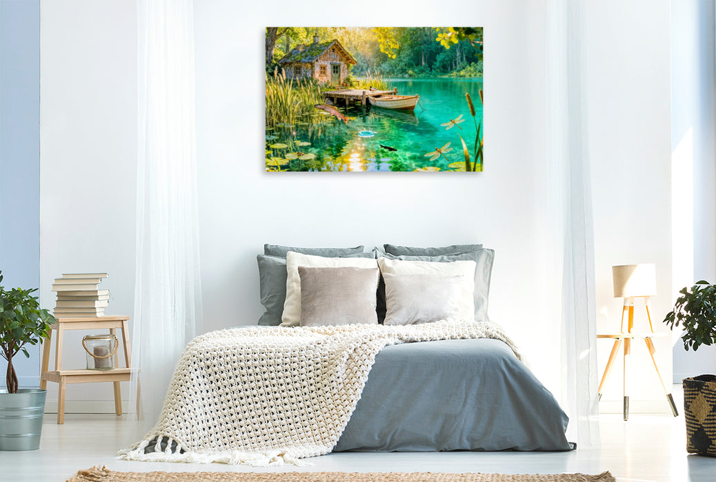 Premium Textil-Leinwand Cottage Fischerhütte am Weiher mit springenden Forellen